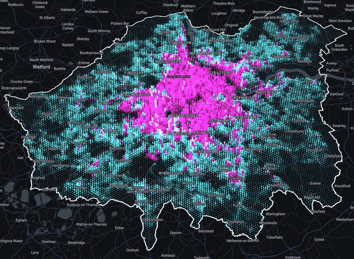 London map, pink where most people don't own a car, blue where they do.