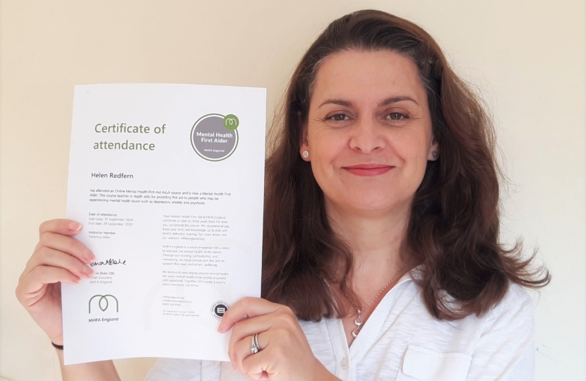 Helen Redfern with Mental Health First Aid Certificate