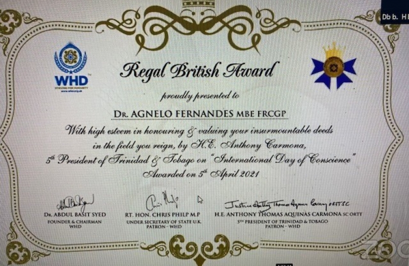 Dr Agnelo Fernandes Receives Regal British Award