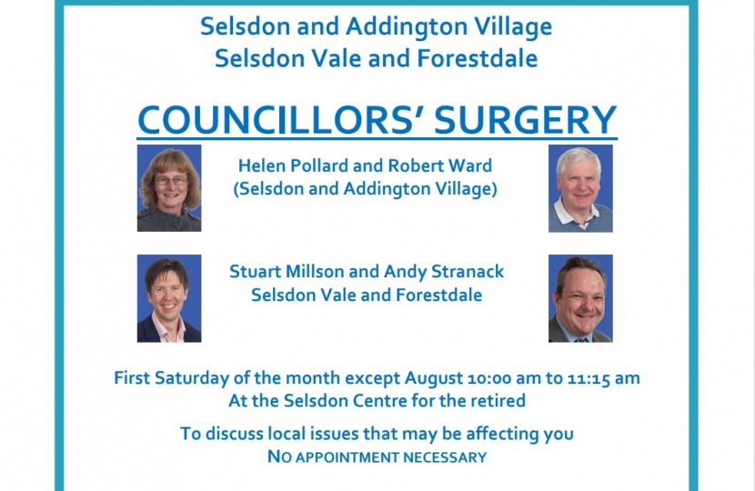 Councillor Surgery poster showing first Saturday of the month 10 am at Selsdon Centre for the Retired